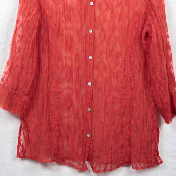 CHICOS Ikat Sheer Burnout Button Up Shirt 3/4 Sleeve Poppy Red Sz 2 US L/12 - Picture 3 of 7